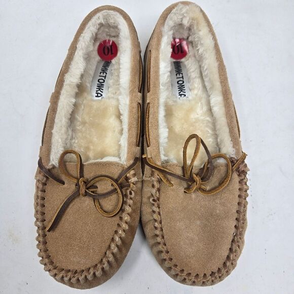MINNETONKA Pile Lined Hardsole Moccasin Slippers Women's Brown Size US 10M EU 41 - Picture 2 of 7